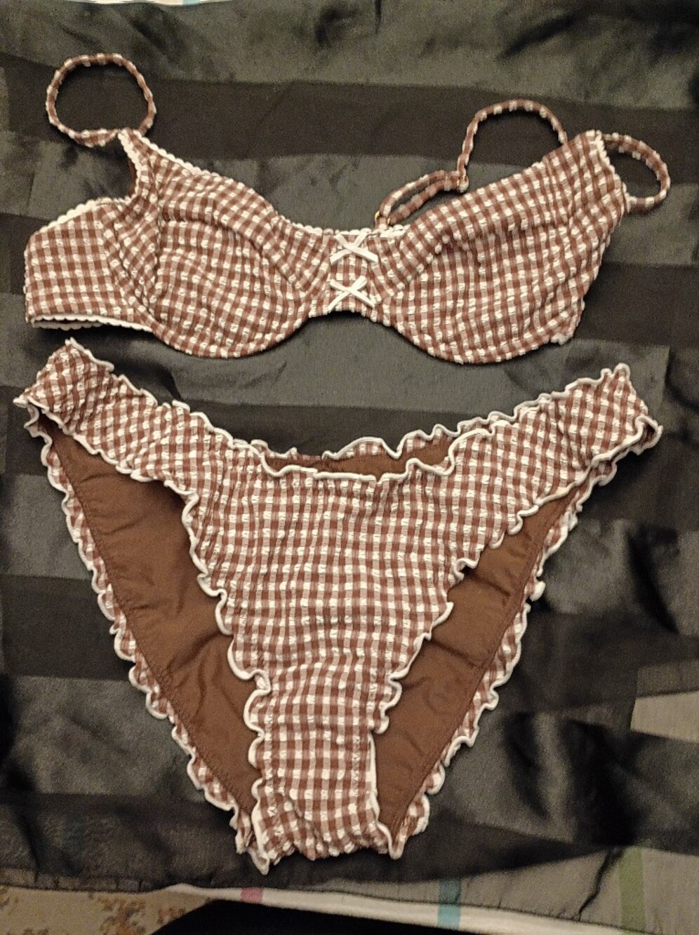 Sanori Brown Gingham Lace-Trim Bikini Set - Women Intimates & Sleepwear